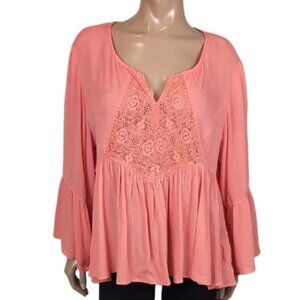 Maurices Coral Boho Blouse Lace Inset Flowy Rayon Long Ruffled Flare Sleeve Top